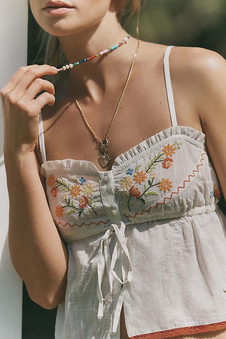 Anthropologie Champagne Supernova Embroidered Cami Tank Top Sz M